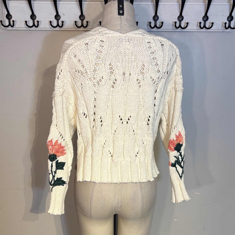 Pilcro Cream V-Neck Sweater with Pink Floral Embroidery - Picture 6 of 7